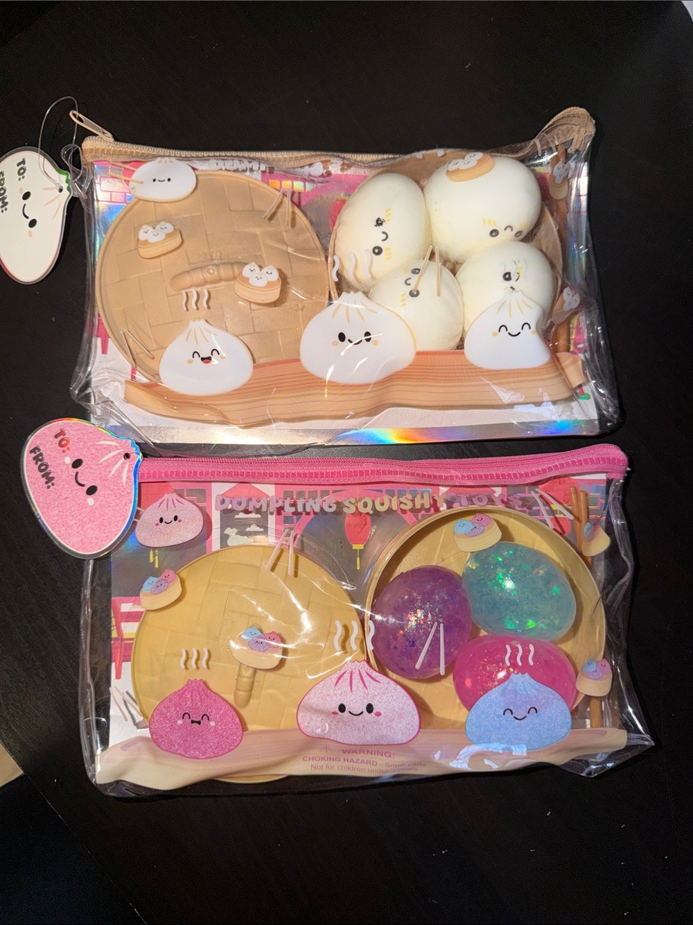 TWO bags of MINI Dumpling Squishy Toy Bags W/ Case & Chopsticks Gel and watery